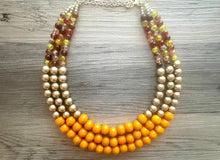 Load image into Gallery viewer, Fall Pumpkin Necklace, triple strand jewelry, big beaded chunky statement necklace, bridesmaid necklace champagne orange brown red