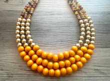 Load image into Gallery viewer, Fall Pumpkin Necklace, triple strand jewelry, big beaded chunky statement necklace, bridesmaid necklace champagne orange brown red