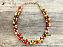 Load image into Gallery viewer, Fall Leaves Necklace, Double Layer Statement Jewelry, autumn Statement Necklace, deep red Wedding Bridesmaid Jewelry, yellow champagne
