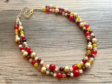 Load image into Gallery viewer, Fall Leaves Necklace, Double Layer Statement Jewelry, autumn Statement Necklace, deep red Wedding Bridesmaid Jewelry, yellow champagne