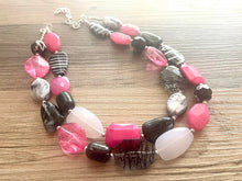 Load image into Gallery viewer, Pink Black White chunky necklace, hot pink beaded jewelry, resin beaded White necklace, pink beaded necklace, black and white necklace