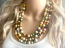 Load image into Gallery viewer, Triple Gold Rainbow + Wood Painted Beaded Necklace, Colorful Jewelry Chunky statement necklace, big beaded necklace jewelry painted tan