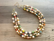Load image into Gallery viewer, Triple Gold Rainbow + Wood Painted Beaded Necklace, Colorful Jewelry Chunky statement necklace, big beaded necklace jewelry painted tan