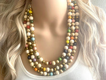 Load image into Gallery viewer, Triple Gold Rainbow + Wood Painted Beaded Necklace, Colorful Jewelry Chunky statement necklace, big beaded necklace jewelry painted tan
