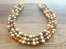 Load image into Gallery viewer, Triple Gold Rainbow + Wood Painted Beaded Necklace, Colorful Jewelry Chunky statement necklace, big beaded necklace jewelry painted tan
