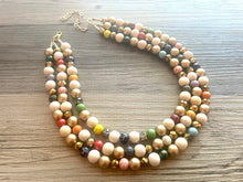 Load image into Gallery viewer, Triple Gold Rainbow + Wood Painted Beaded Necklace, Colorful Jewelry Chunky statement necklace, big beaded necklace jewelry painted tan