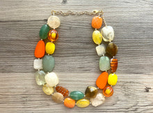 Load image into Gallery viewer, Fall Pumpkins chunky necklace, brown beaded jewelry, resin beaded orange necklace, fall necklace, Halloween necklace tan champagne yellow