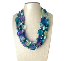 Load image into Gallery viewer, Mermaid Jewel Tone Chunky Statement Necklace, Triple Strand Beaded Jewelry, Purple Blue Green jewelry, bridesmaid wedding bib