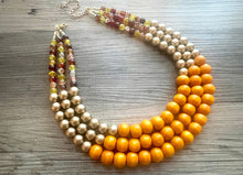 Load image into Gallery viewer, Fall Pumpkin Necklace, triple strand jewelry, big beaded chunky statement necklace, bridesmaid necklace champagne orange brown red