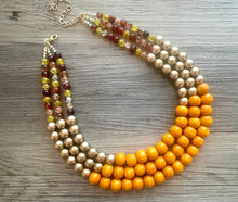 Load image into Gallery viewer, Fall Pumpkin Necklace, triple strand jewelry, big beaded chunky statement necklace, bridesmaid necklace champagne orange brown red