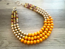 Load image into Gallery viewer, Fall Pumpkin Necklace, triple strand jewelry, big beaded chunky statement necklace, bridesmaid necklace champagne orange brown red