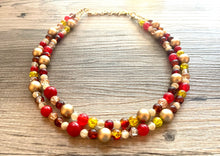Load image into Gallery viewer, Fall Leaves Necklace, Double Layer Statement Jewelry, autumn Statement Necklace, deep red Wedding Bridesmaid Jewelry, yellow champagne