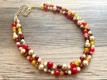 Load image into Gallery viewer, Fall Leaves Necklace, Double Layer Statement Jewelry, autumn Statement Necklace, deep red Wedding Bridesmaid Jewelry, yellow champagne