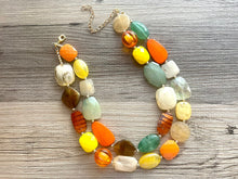 Load image into Gallery viewer, Fall Pumpkins chunky necklace, brown beaded jewelry, resin beaded orange necklace, fall necklace, Halloween necklace tan champagne yellow