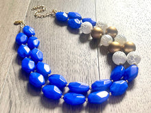Load image into Gallery viewer, Nautical Chunky Statement Necklace, Big beaded jewelry, Double Strand Statement Necklace, Royal blue white, gold navy necklace, white gold