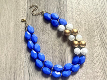 Load image into Gallery viewer, Nautical Chunky Statement Necklace, Big beaded jewelry, Double Strand Statement Necklace, Royal blue white, gold navy necklace, white gold