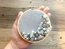 Load image into Gallery viewer, Gray Beaded Hoop, Clear White Embroidered Circle, Gallery Wall 3D Art White Decor, beaded wall hanging canvas, Bead Ring 4.25β quilted ring