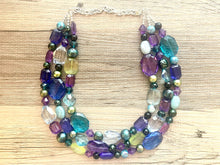 Load image into Gallery viewer, Mermaid Jewel Tone Chunky Statement Necklace, Triple Strand Beaded Jewelry, Purple Blue Green jewelry, bridesmaid wedding bib