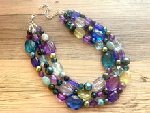 Load image into Gallery viewer, Mermaid Jewel Tone Chunky Statement Necklace, Triple Strand Beaded Jewelry, Purple Blue Green jewelry, bridesmaid wedding bib