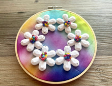 Load image into Gallery viewer, Rainbow Beaded Hoop, Tie Dye Embroidered Circle, Gallery Wall 3D Art Colorful Decor, beaded wall hanging canvas, Bead rainbow baby nursery