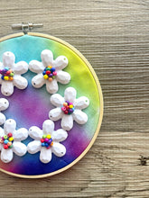 Load image into Gallery viewer, Rainbow Beaded Hoop, Tie Dye Embroidered Circle, Gallery Wall 3D Art Colorful Decor, beaded wall hanging canvas, Bead rainbow baby nursery