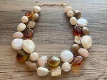 Load image into Gallery viewer, Café Au Lait chunky necklace, brown beaded jewelry, resin beaded orange necklace, fall necklace, necklace cream white tan beads