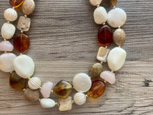 Load image into Gallery viewer, Café Au Lait chunky necklace, brown beaded jewelry, resin beaded orange necklace, fall necklace, necklace cream white tan beads