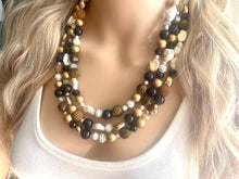 Load image into Gallery viewer, Mocha Chip Chunky Statement Necklace, gold bib necklace, gold brown black necklace necklace, wedding bridesmaid chunky