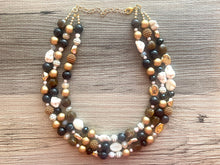 Load image into Gallery viewer, Mocha Chip Chunky Statement Necklace, gold bib necklace, gold brown black necklace necklace, wedding bridesmaid chunky