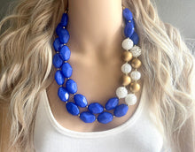 Load image into Gallery viewer, Nautical Chunky Statement Necklace, Big beaded jewelry, Double Strand Statement Necklace, Royal blue white, gold navy necklace, white gold