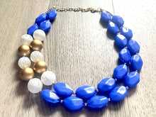 Load image into Gallery viewer, Nautical Chunky Statement Necklace, Big beaded jewelry, Double Strand Statement Necklace, Royal blue white, gold navy necklace, white gold
