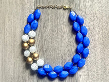 Load image into Gallery viewer, Nautical Chunky Statement Necklace, Big beaded jewelry, Double Strand Statement Necklace, Royal blue white, gold navy necklace, white gold