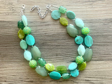 Load image into Gallery viewer, Ocean Depths Green beaded crystal statement Necklace, Olive jewelry chunky bib Kelly Green beaded shamrock St. Patrick Irish Teal lime