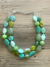 Load image into Gallery viewer, Ocean Depths Green beaded crystal statement Necklace, Olive jewelry chunky bib Kelly Green beaded shamrock St. Patrick Irish Teal lime