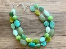 Load image into Gallery viewer, Ocean Depths Green beaded crystal statement Necklace, Olive jewelry chunky bib Kelly Green beaded shamrock St. Patrick Irish Teal lime