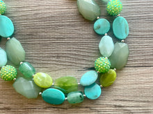 Load image into Gallery viewer, Ocean Depths Green beaded crystal statement Necklace, Olive jewelry chunky bib Kelly Green beaded shamrock St. Patrick Irish Teal lime