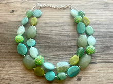 Load image into Gallery viewer, Ocean Depths Green beaded crystal statement Necklace, Olive jewelry chunky bib Kelly Green beaded shamrock St. Patrick Irish Teal lime