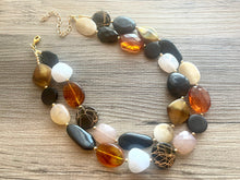Load image into Gallery viewer, Neutral Statement Necklace, chunky beaded jewelry, chunky black tan white ginger necklace, color block beaded necklace, beaded jewelry