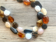 Load image into Gallery viewer, Neutral Statement Necklace, chunky beaded jewelry, chunky black tan white ginger necklace, color block beaded necklace, beaded jewelry
