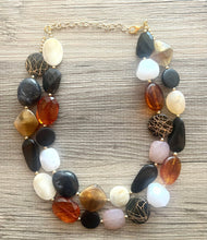 Load image into Gallery viewer, Neutral Statement Necklace, chunky beaded jewelry, chunky black tan white ginger necklace, color block beaded necklace, beaded jewelry