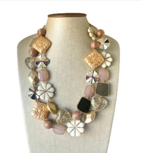 Load image into Gallery viewer, Gold Goddess chunky statement necklace, big beaded jewelry, gifts for women bib jewelry Multi-Strand Nugget metallic resin cream rosegold
