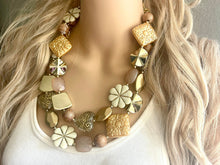 Load image into Gallery viewer, Gold Goddess chunky statement necklace, big beaded jewelry, gifts for women bib jewelry Multi-Strand Nugget metallic resin cream rosegold