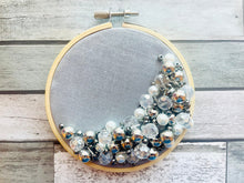 Load image into Gallery viewer, Gray Beaded Hoop, Clear White Embroidered Circle, Gallery Wall 3D Art White Decor, beaded wall hanging canvas, Bead Ring 4.25β quilted ring