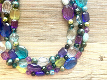 Load image into Gallery viewer, Mermaid Jewel Tone Chunky Statement Necklace, Triple Strand Beaded Jewelry, Purple Blue Green jewelry, bridesmaid wedding bib