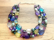 Load image into Gallery viewer, Mermaid Jewel Tone Chunky Statement Necklace, Triple Strand Beaded Jewelry, Purple Blue Green jewelry, bridesmaid wedding bib