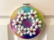 Load image into Gallery viewer, Rainbow Beaded Hoop, Tie Dye Embroidered Circle, Gallery Wall 3D Art Colorful Decor, beaded wall hanging canvas, Bead rainbow baby nursery