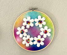 Load image into Gallery viewer, Rainbow Beaded Hoop, Tie Dye Embroidered Circle, Gallery Wall 3D Art Colorful Decor, beaded wall hanging canvas, Bead rainbow baby nursery