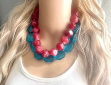 Load image into Gallery viewer, Teal & Cherry Red Necklace, multi strand jewelry, big beaded chunky statement necklace, red jewelry, bridesmaid necklace, turquoise bib