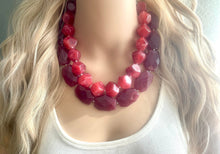 Load image into Gallery viewer, Maroon & Cherry Necklace, Double strand deep red jewelry, big beaded chunky statement necklace earring set, dark red necklace