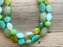 Load image into Gallery viewer, Ocean Depths Green beaded crystal statement Necklace, Olive jewelry chunky bib Kelly Green beaded shamrock St. Patrick Irish Teal lime